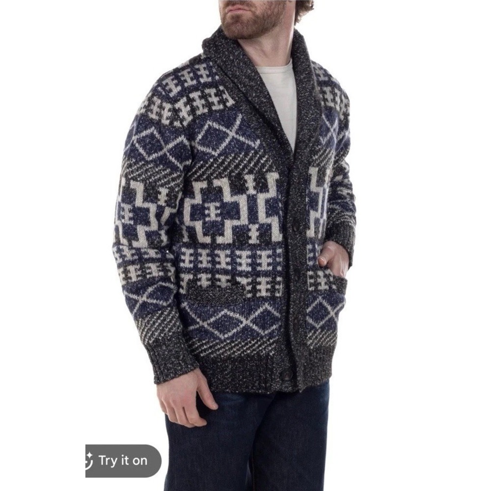 SCHOTT NYC Southwestern Navajo Blue Gray Shawl Collar Cardigan Sweater LG Yak